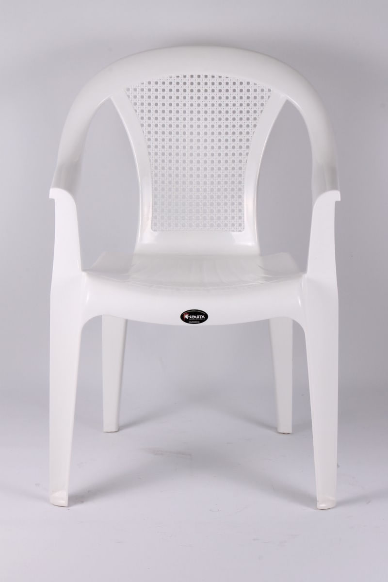 Silla de comedor con brazos Spartan tapizada en blanco